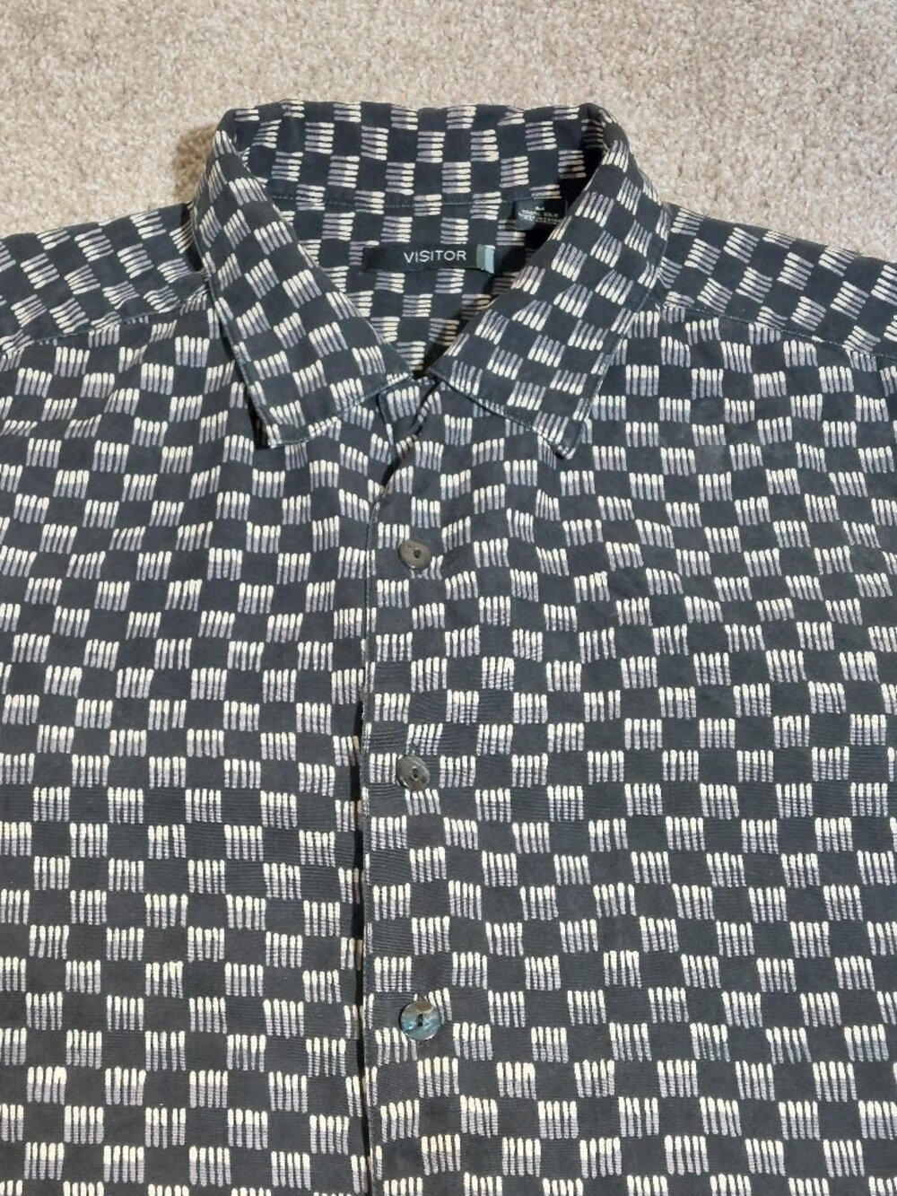 Vintage Visitor 100% Silk Geometric Button-Down Shirt navy blue Size M